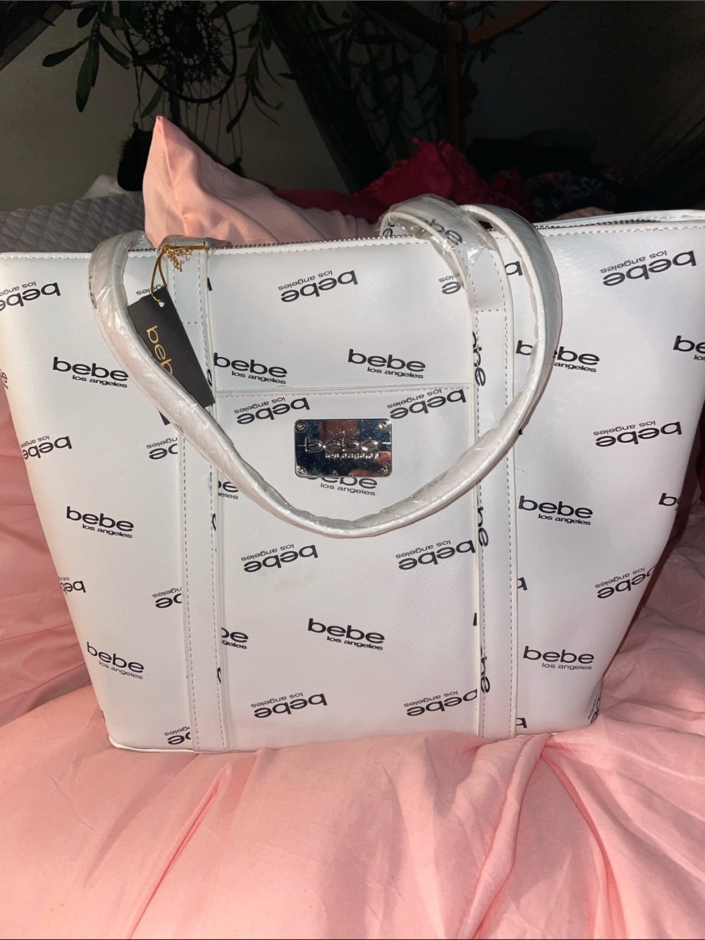 bebe White Logo Print Tote Bag